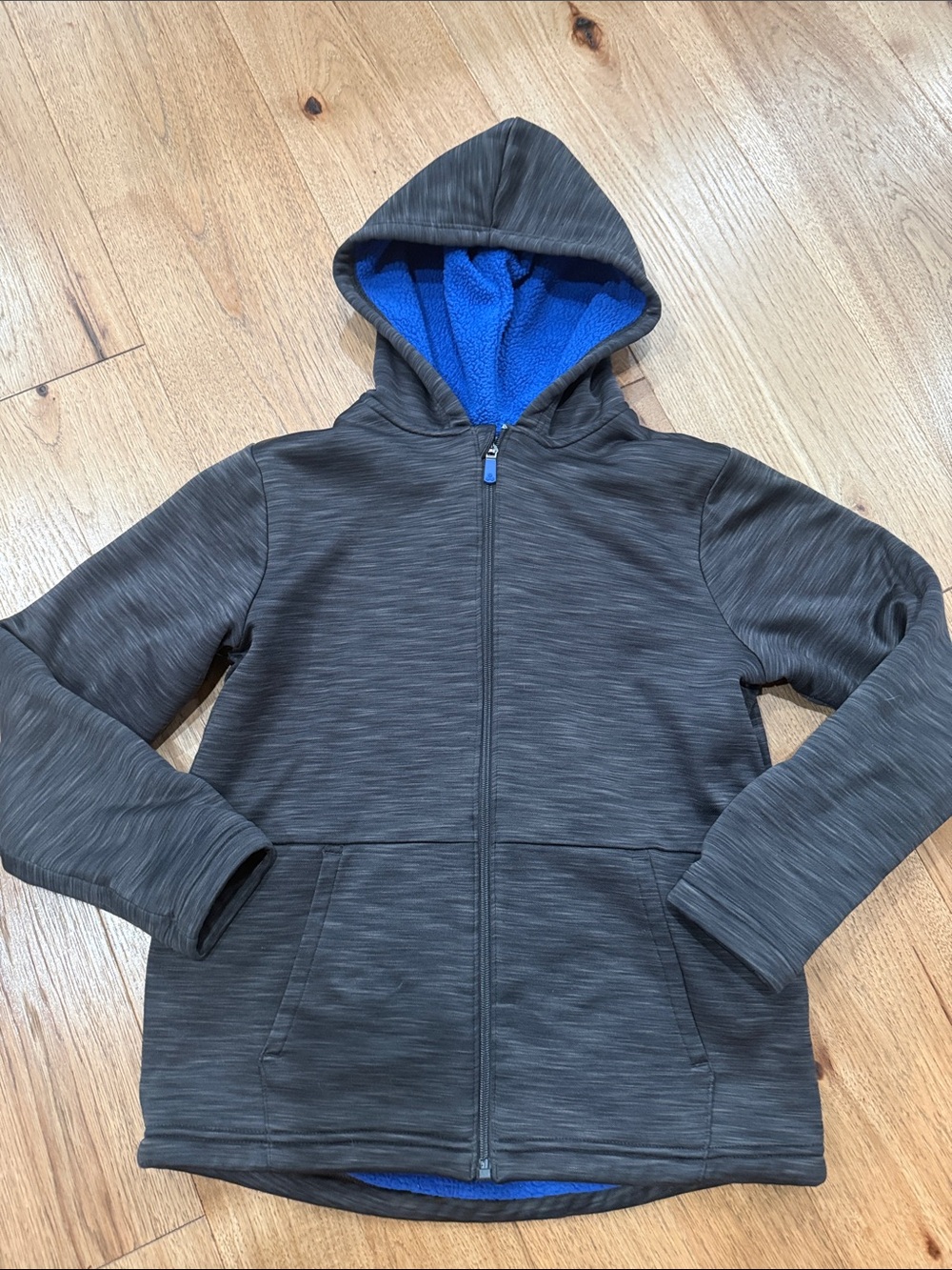 Kids Hooded Zip-Up Jacket - Charcoal with Blue Lining